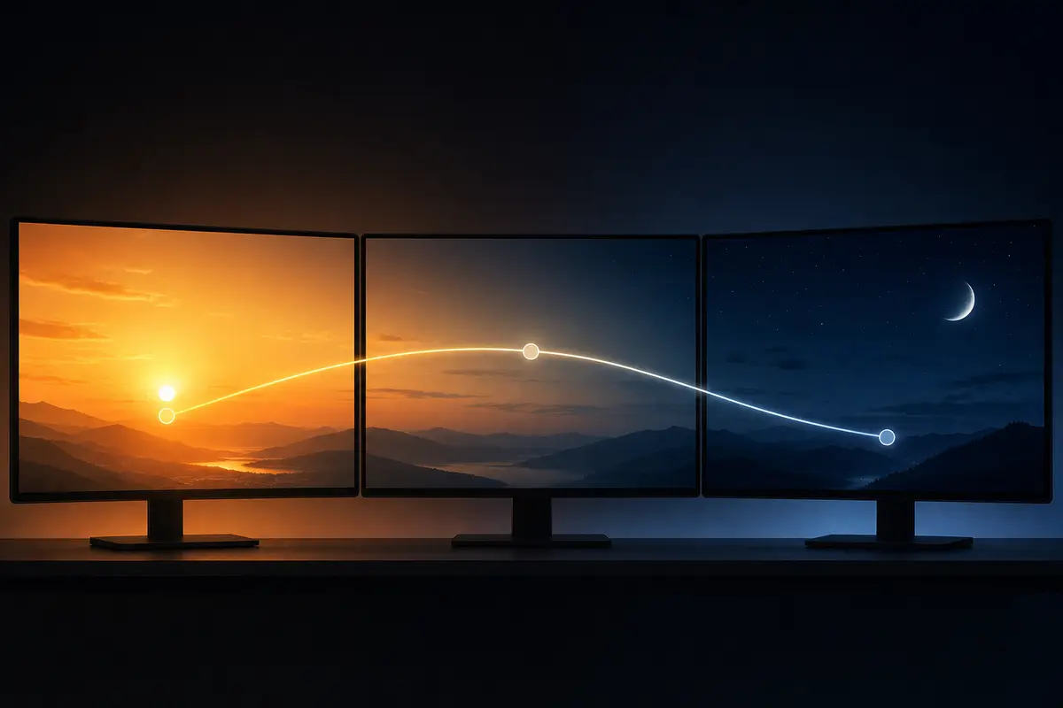 Illustration of a day-to-night brightness curve across three monitors