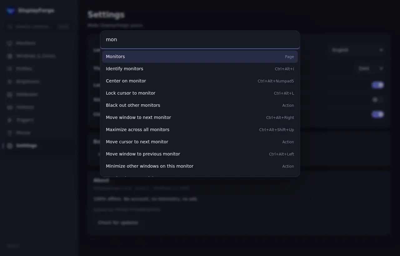 Command palette searching for monitor actions