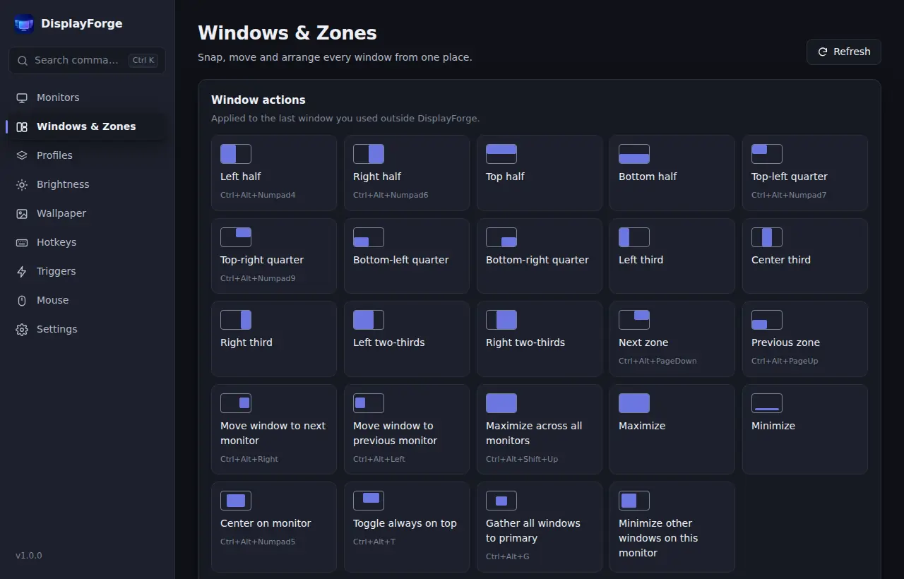 Window management screen with zone layouts and window actions